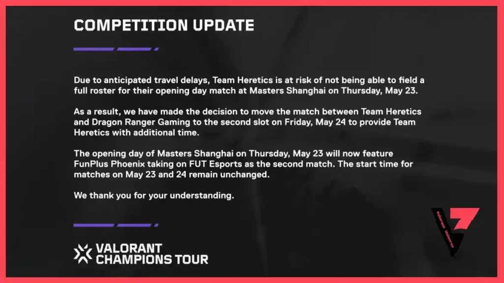 VCT 2024 Masters Shanghai TH vs DRG match changed to DAY2 due to THs late arrival
